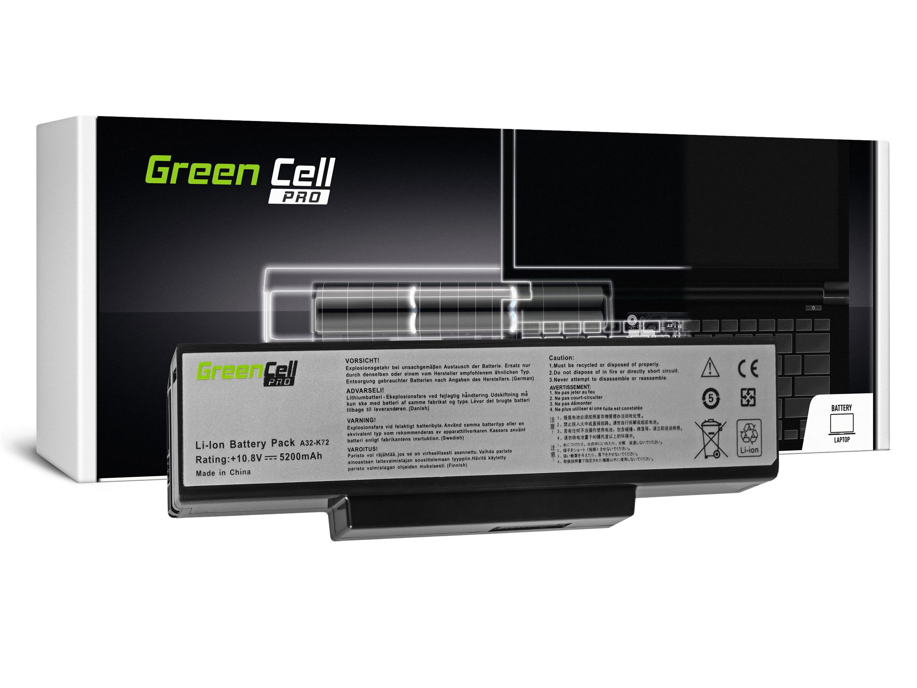 Green Cell PRO Batteri för Asus A32-K72 K72 K73 N71 N73 / 11,1V 5200mAh