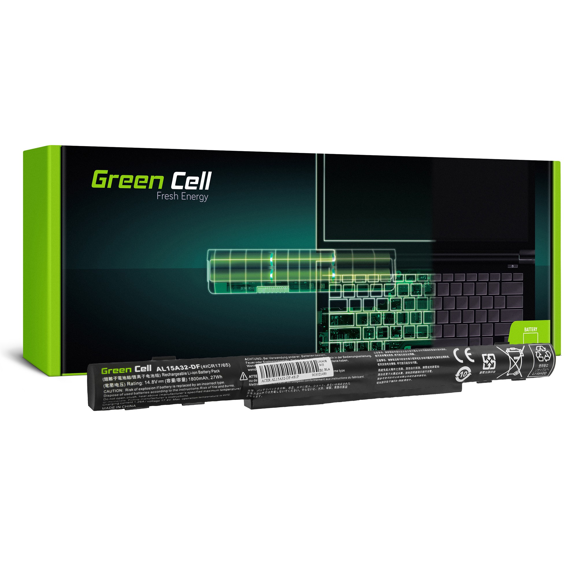 Green Cellbatteri AL15A32 för Acer Aspire E5-573 E5-573G E5-573TG V3-574 V3-574G TravelMate P277 / 14,8V 1800mAh