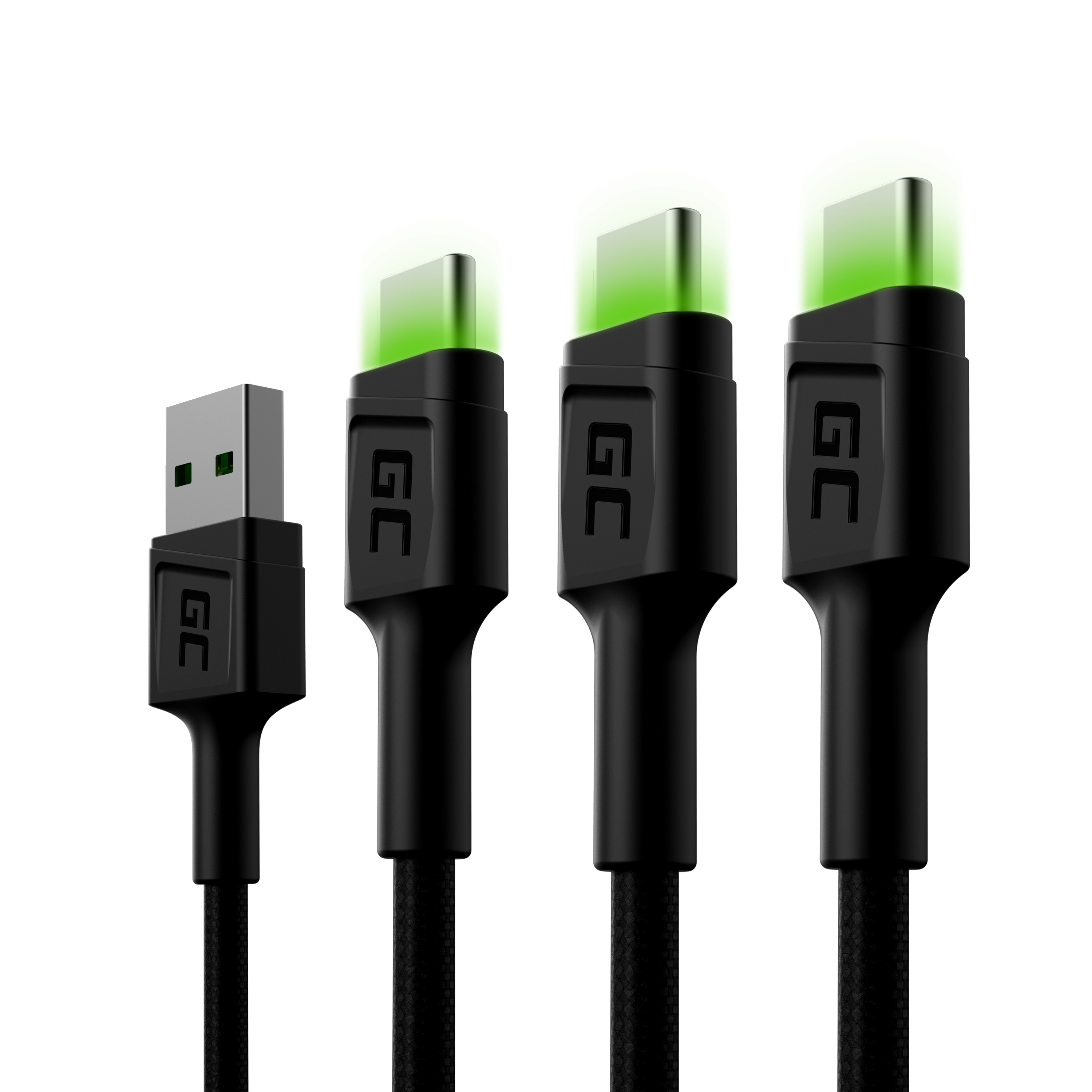 Ställ 3x GC Ray USB-C 200cm Kabel med grön LED-bakgrundsbelysning, snabb laddning Ultra Charge, QC 3.0