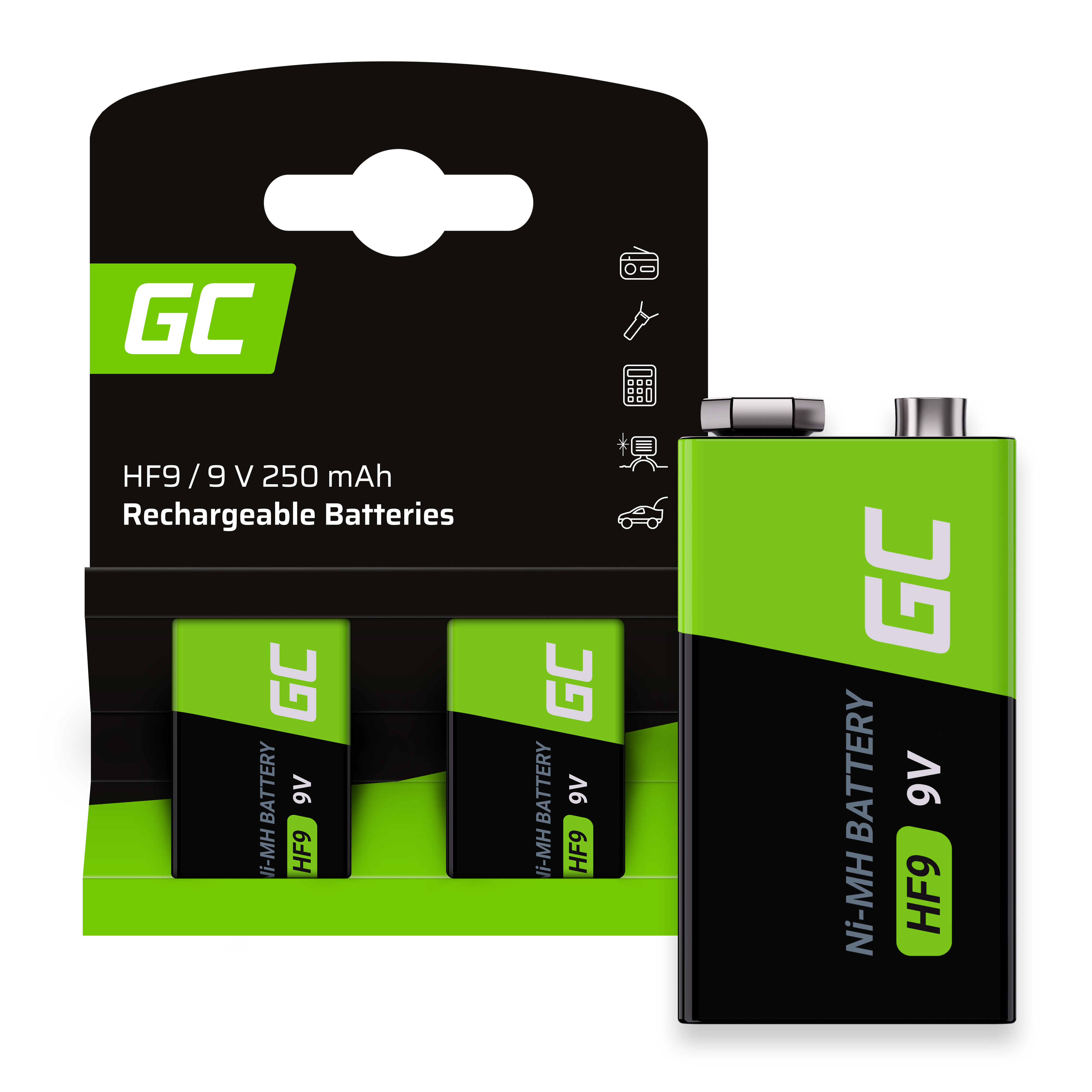 Batterier uppladdningsbara 2x 9V HF9 Ni-MH 250mAh Grön Cell
