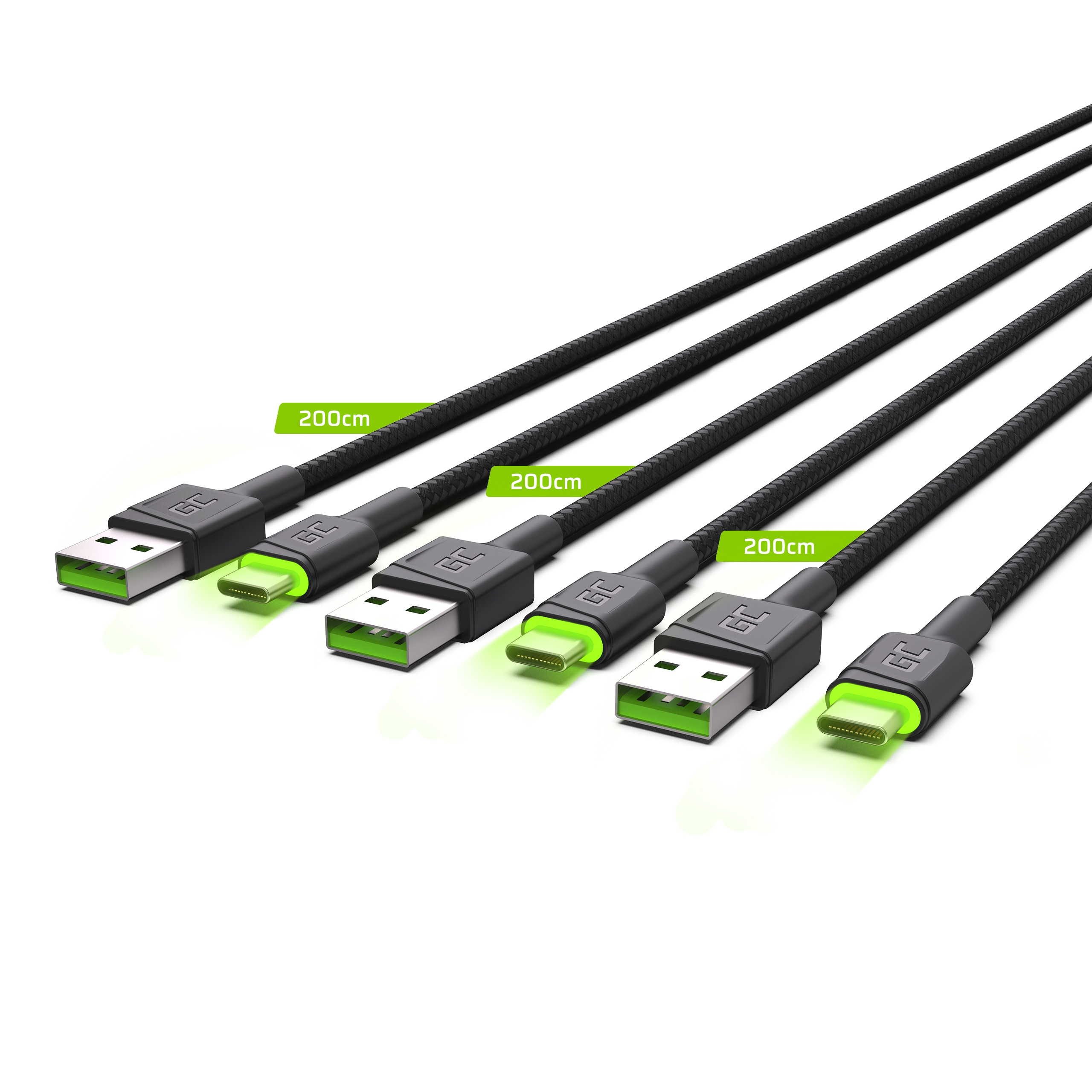 Ställ 3x GC Ray USB-C 200cm Kabel med grön LED-bakgrundsbelysning, snabb laddning Ultra Charge, QC 3.0