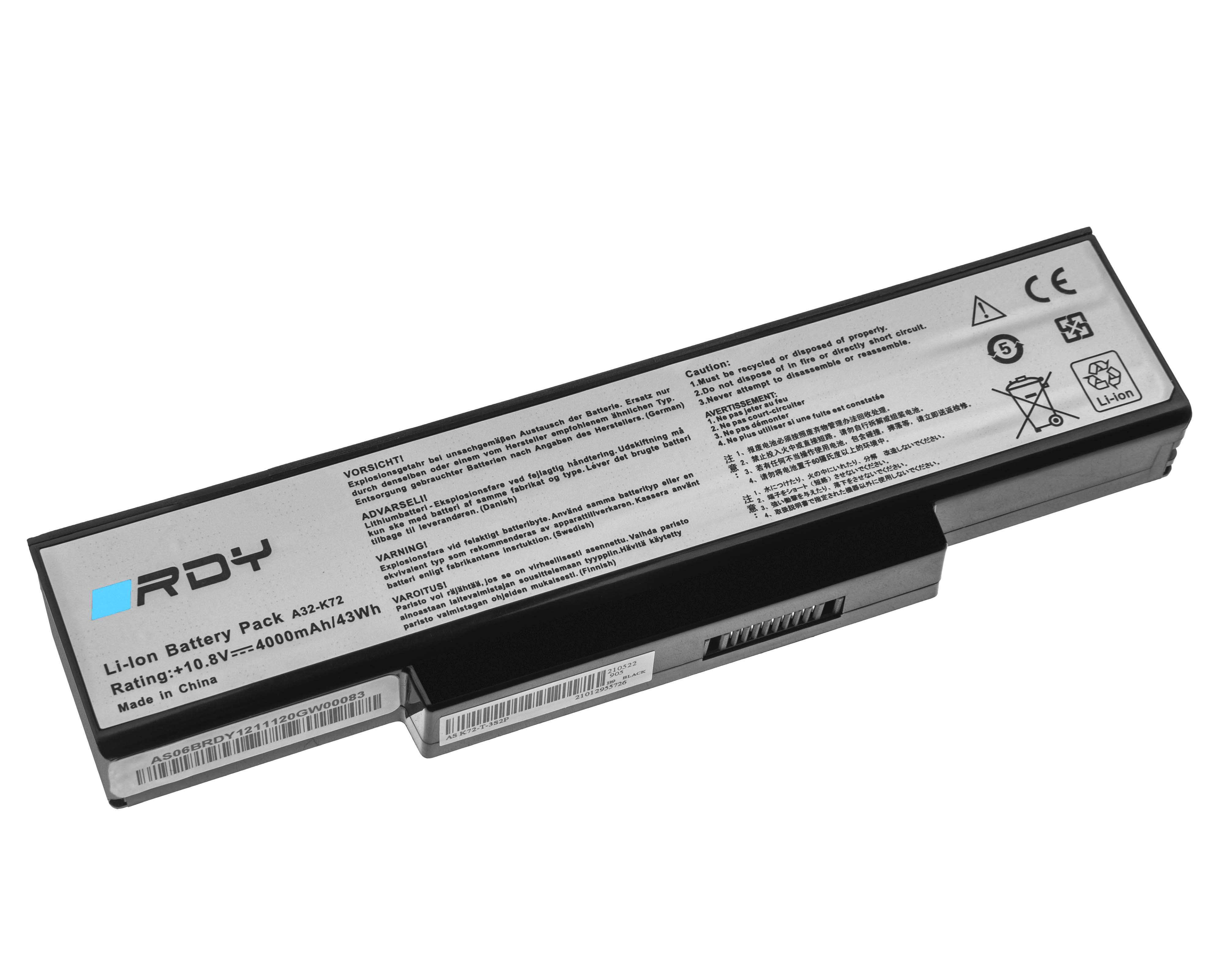 Battery RDY A32-K72 to Asus N71 K72 K72J K72F K73S K73SV N71 N71J